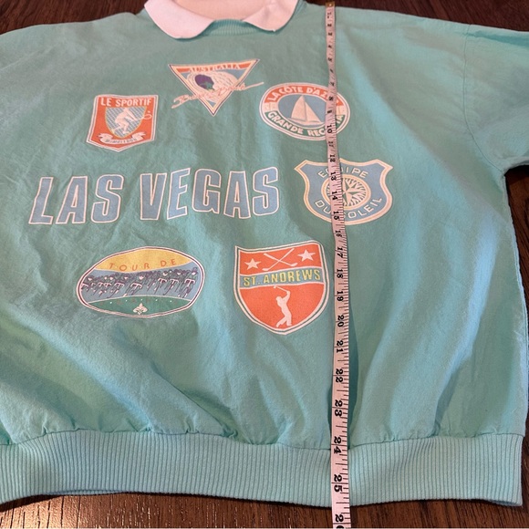 Vintage 90s Teal Graphic Pullover Las Vegas Travel Patch Collared Large - Picture 14 of 14